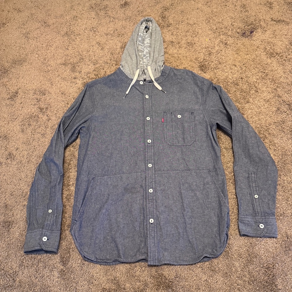 Levis Hooded Shirt Mens Medium Blue Long Sleeve Button Up Pocket Casual